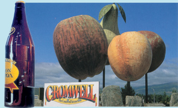 Giant fruit at Cromwell and the L&P bottle